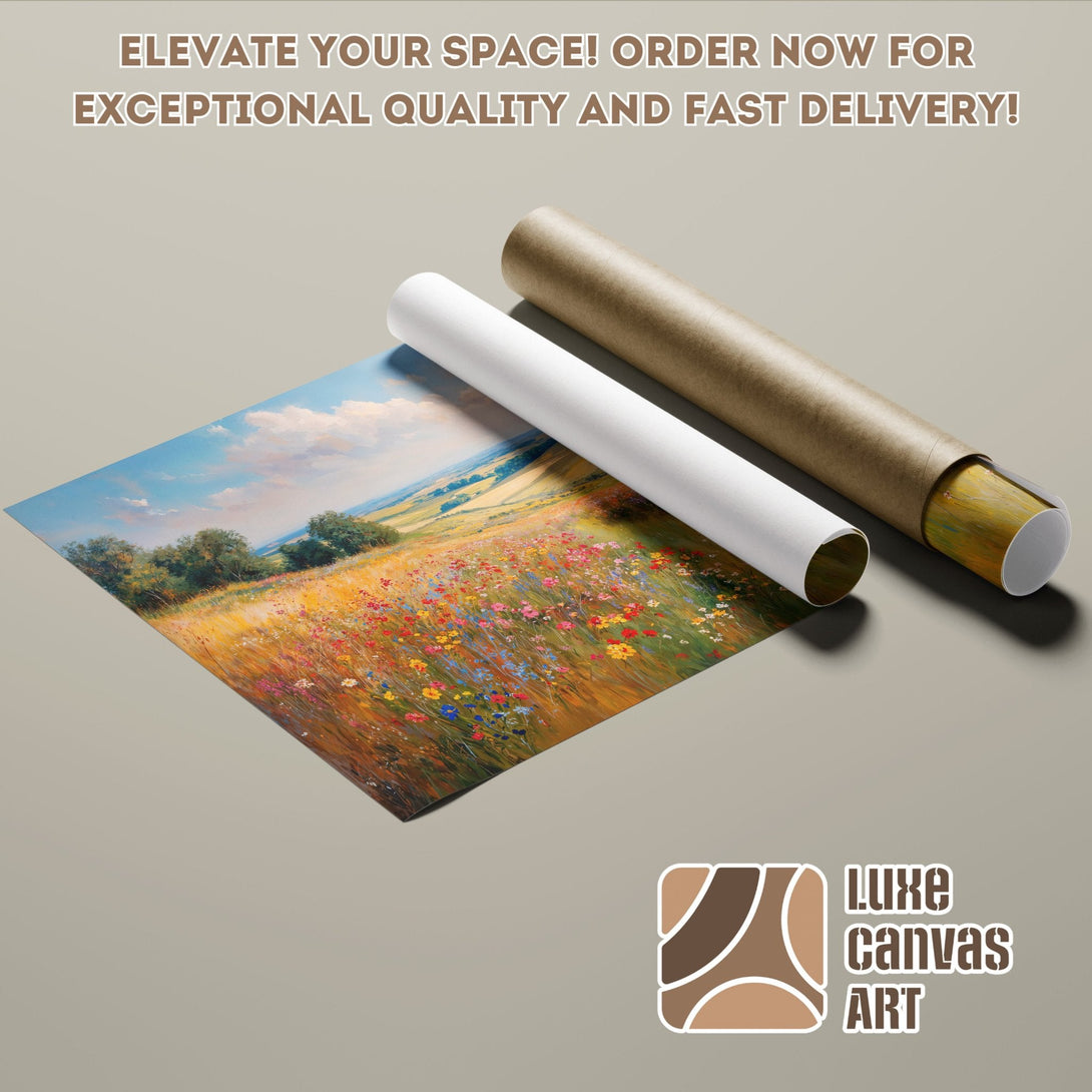 Poster Roll of a vibrant landscape painting with a colorful floral meadow and blue sky.
