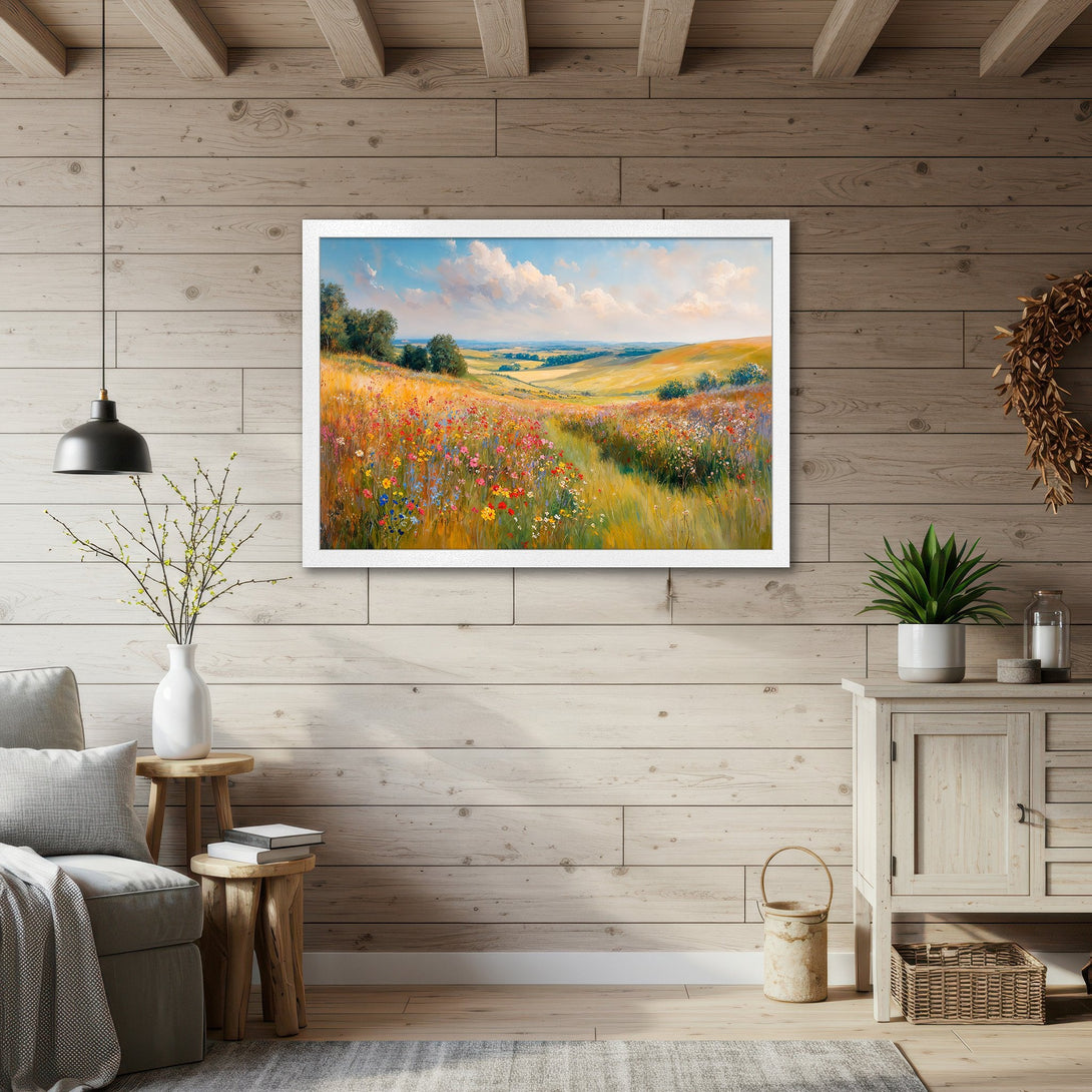 Framed Poster of a serene landscape painting with colorful wildflowers, warm yellows, blues, and greens. Perfect wall art!