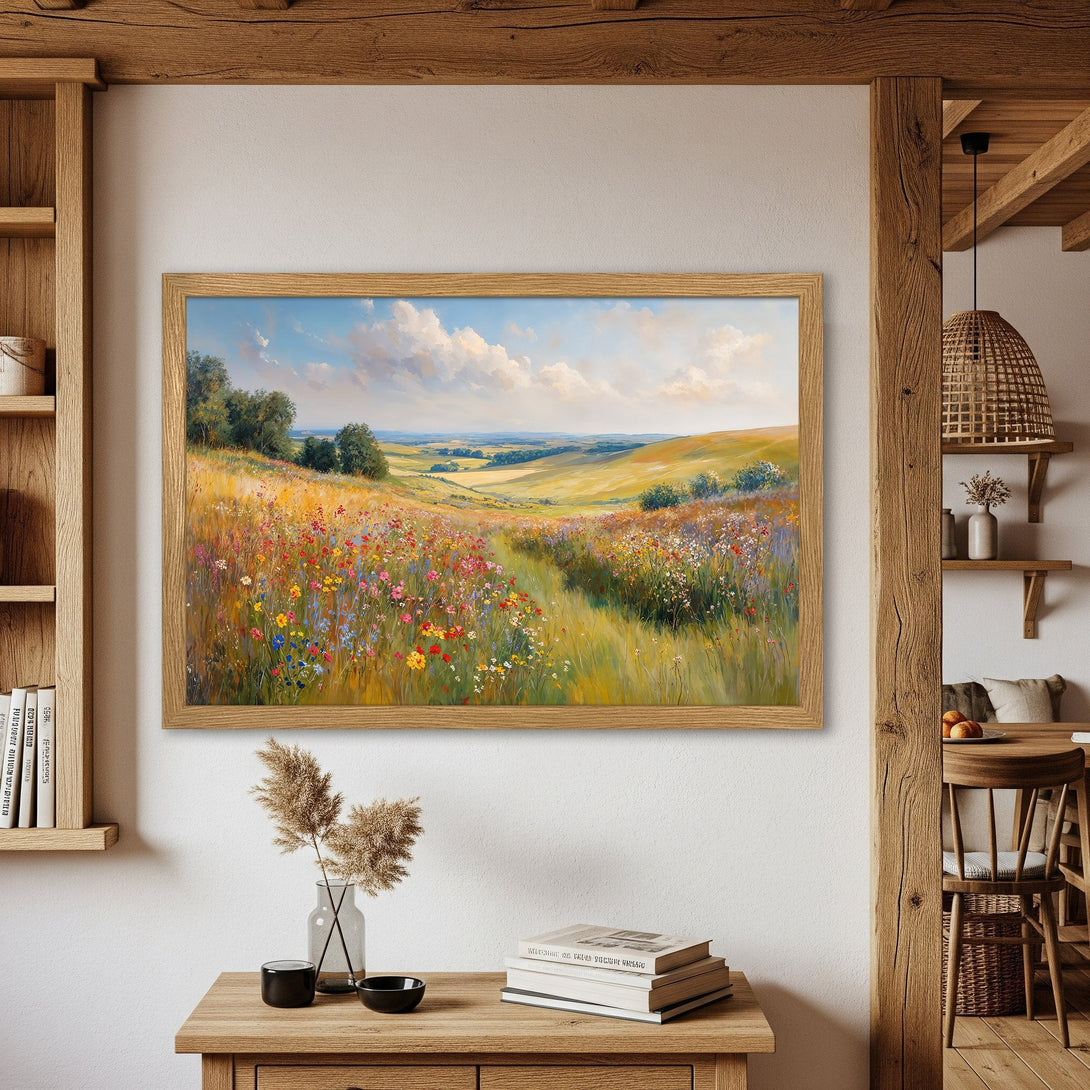 Framed Poster of a vibrant wildflower meadow landscape painting. Warm, inviting color palette with blues, greens, yellows, and reds. Perfect wall art!
