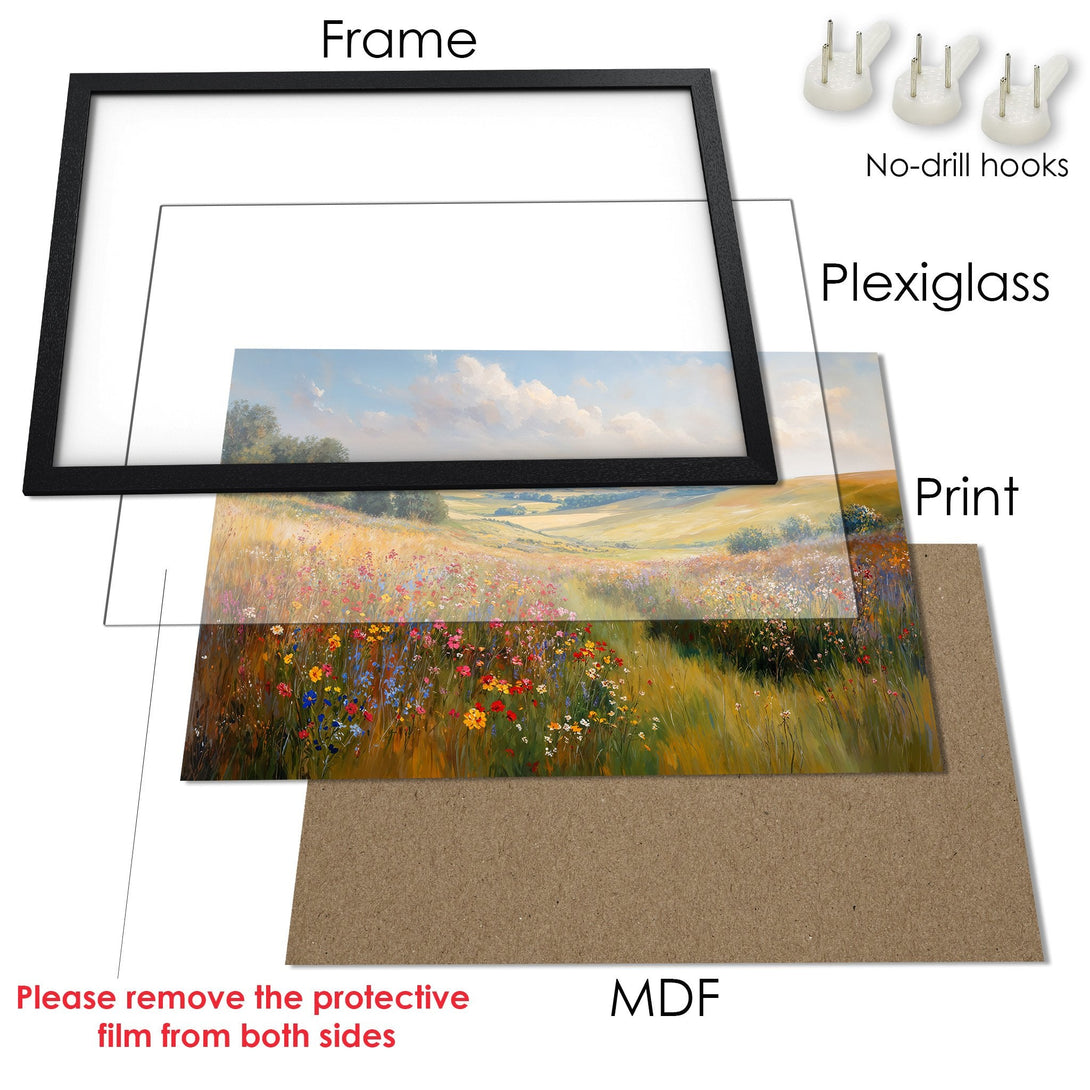 Framed Poster of a vibrant meadow landscape. Impressionistic style with warm, earthy tones and a blue sky. Perfect wall art!