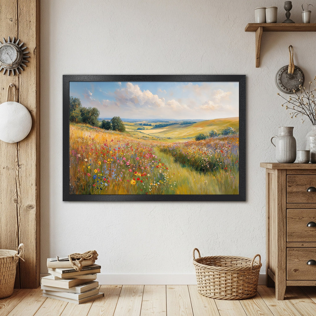 Framed Poster of a vibrant wildflower meadow landscape painting, warm color palette, perfect for home decor.