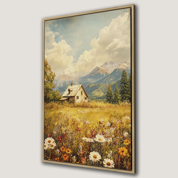 Framed Wall Art: Rustic landscape Canvas Print featuring a cabin in a field of wildflowers, mountains, and a warm, earthy color palette. Perfect for home decor!