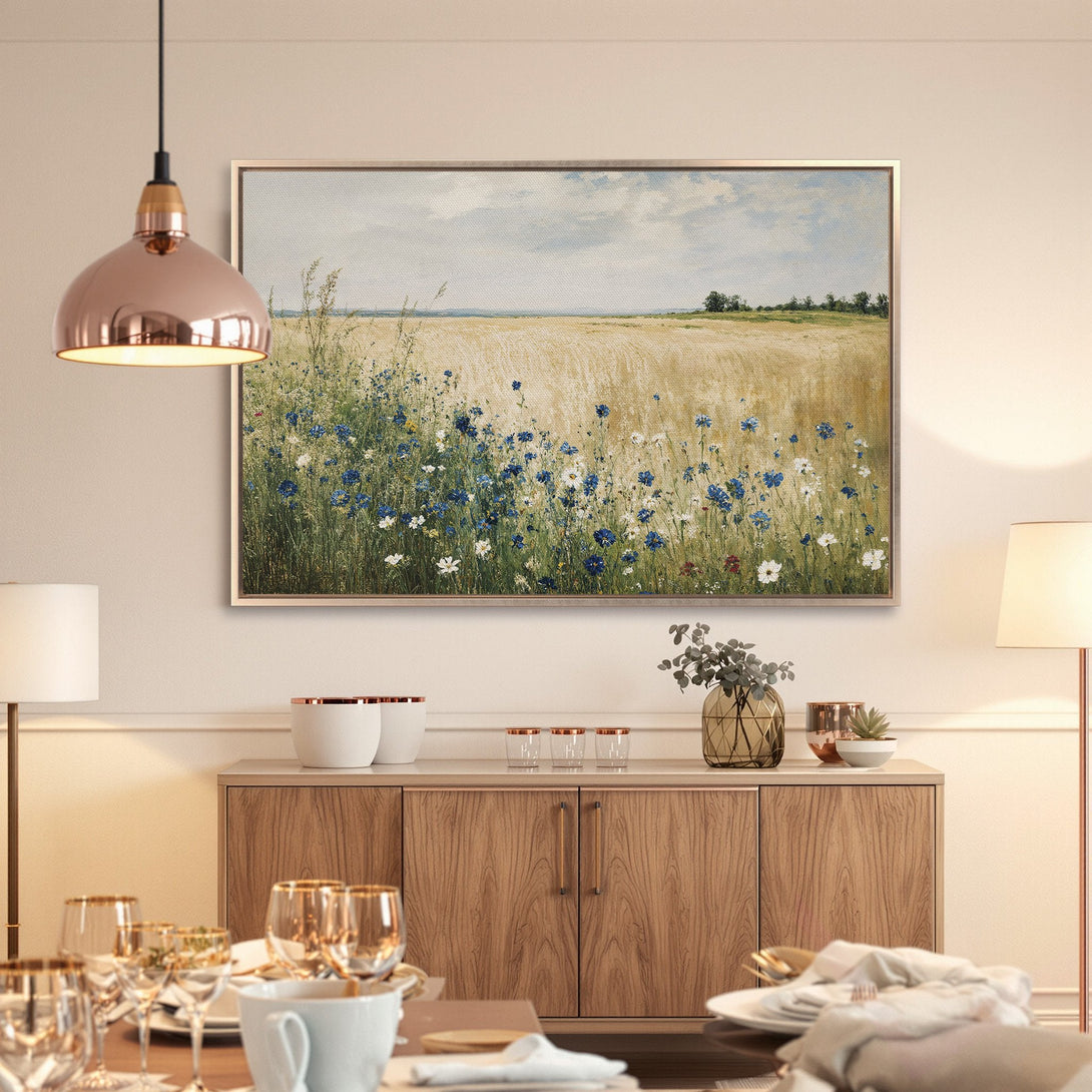 Framed Wall Art: Impressionist field painting with blue and white wildflowers. Earthy tones and serene landscape for elegant home decor.