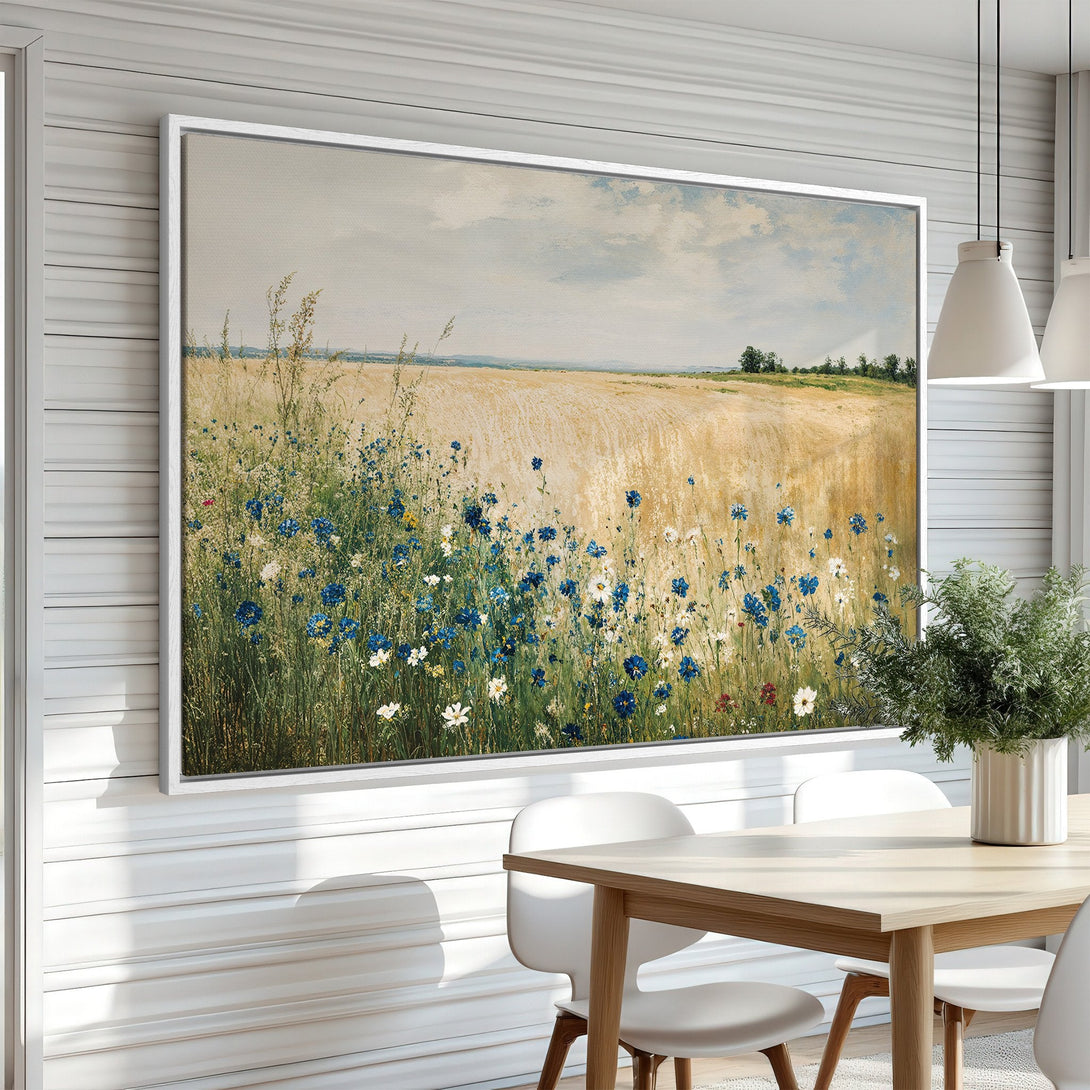 Framed Wall Art: Impressionist landscape Canvas Print with wildflowers. Features a warm, neutral color palette with pops of blue and green. Perfect for any room.