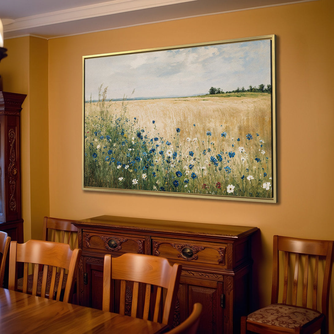 Canvas Print of a serene field with blue wildflowers. Rustic style, neutral color palette, perfect for adding a touch of nature to your home.