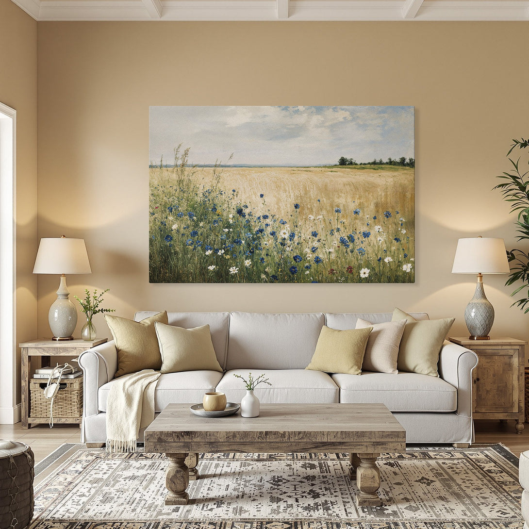 Framed Wall Art: Impressionist landscape Canvas Print with blue wildflowers, warm earth tones, and gold frame, perfect for home decor.