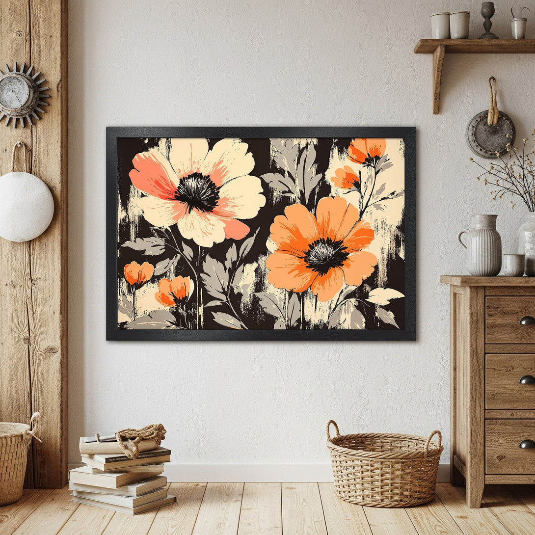 Framed Poster featuring floral art in orange, black, and cream. Modern botanical print for home decor.