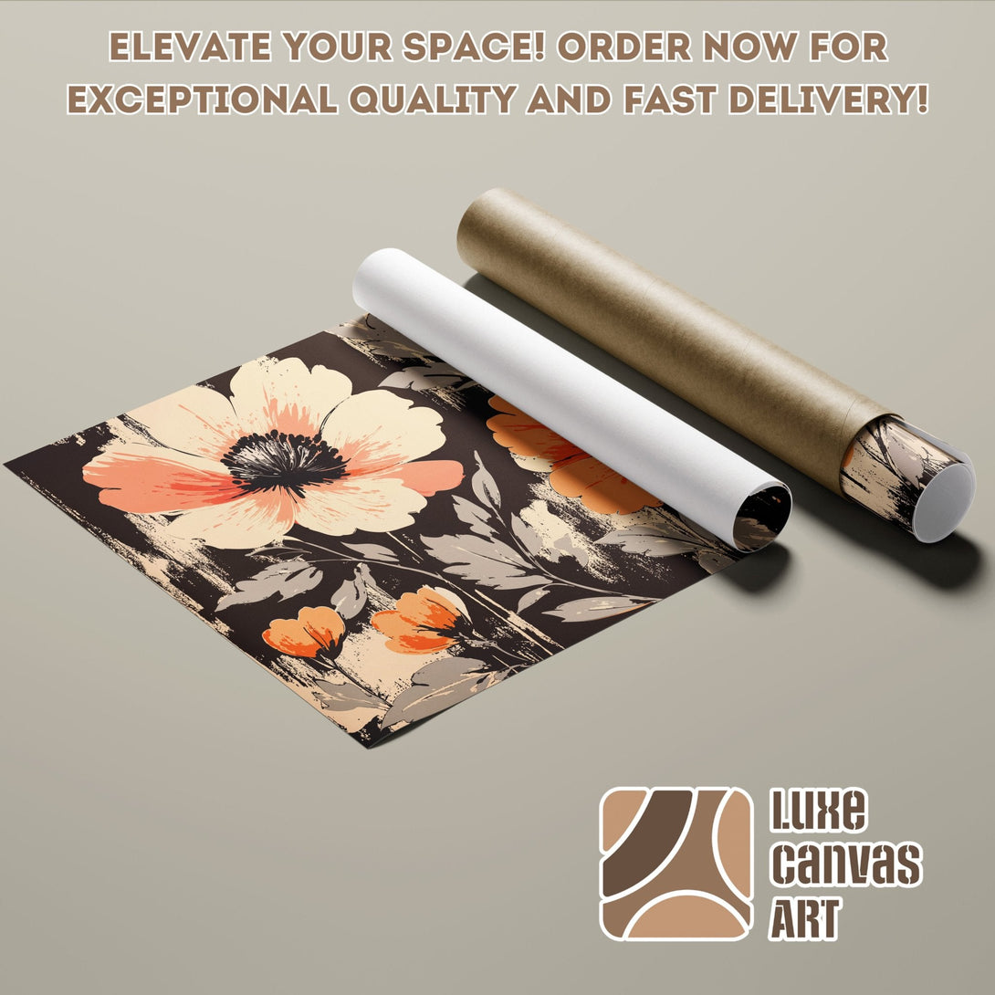 Floral Poster Roll in warm tones. Modern art print with a black, peach, and beige color palette.