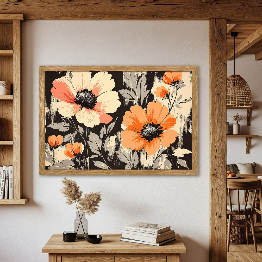 Framed Poster featuring floral art in orange, cream, and black. Modern style, perfect for home decor.