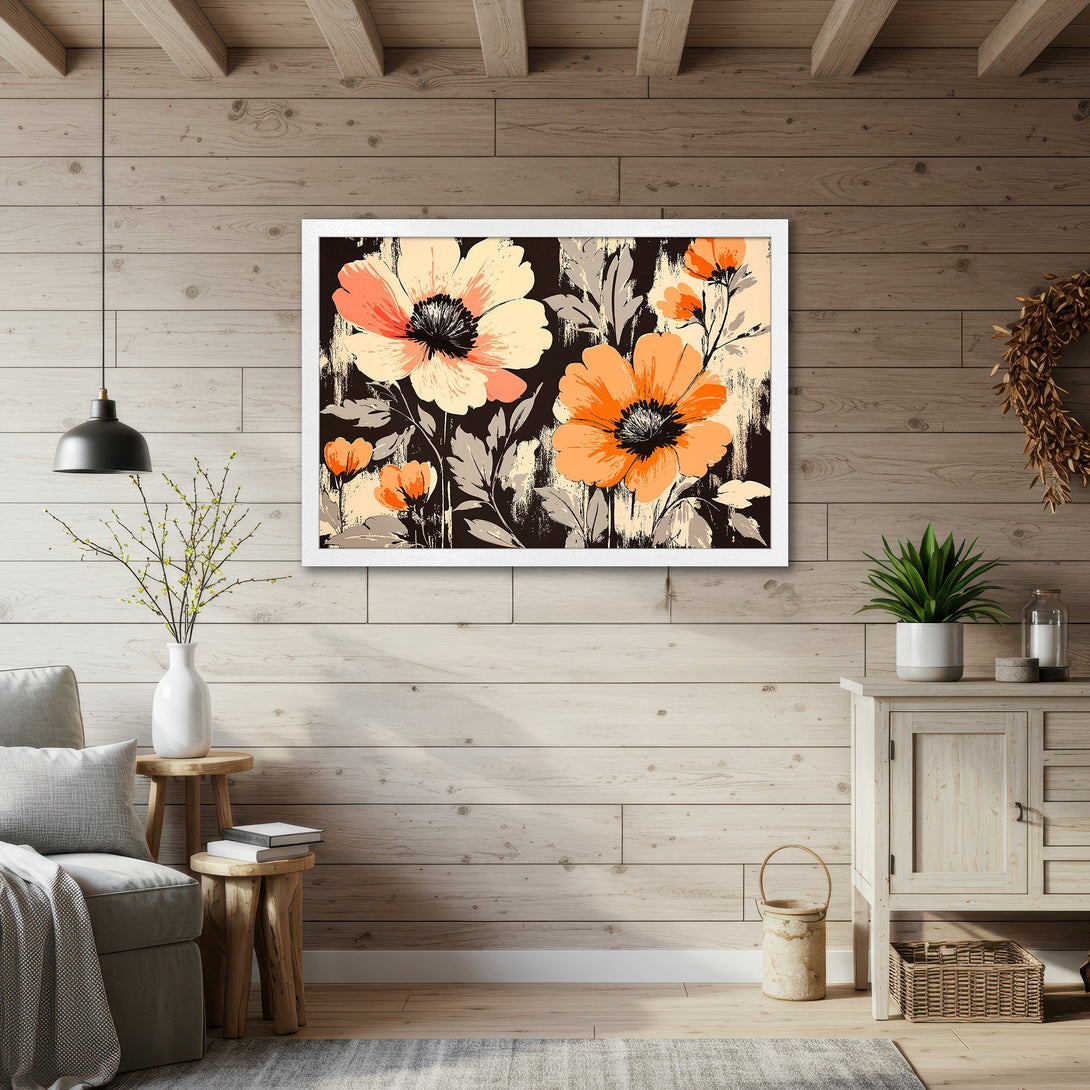 Framed Poster featuring vibrant floral art in orange and cream tones, perfect for adding a touch of modern style to your home decor.