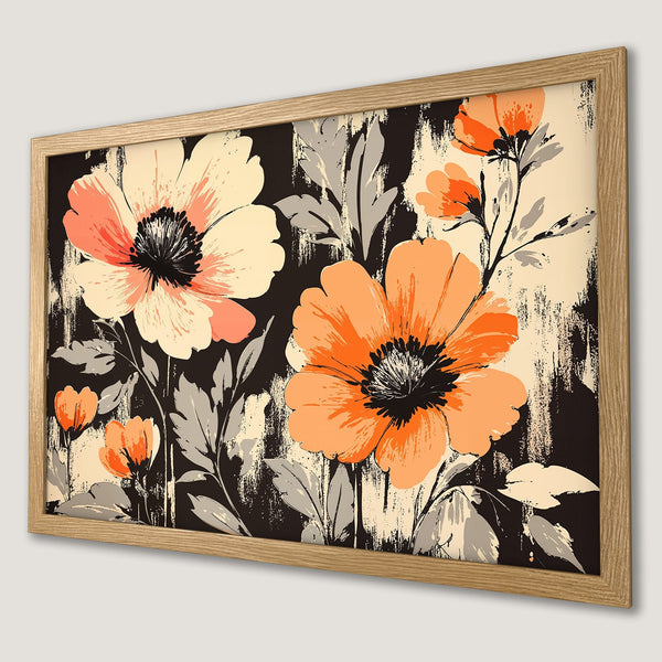 Framed Poster featuring vibrant floral art in orange, cream, and black. Modern style, perfect wall decor.