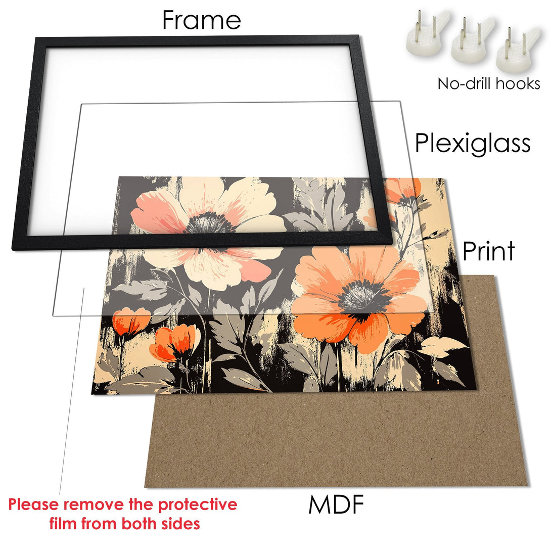 Framed Poster featuring floral art in a vintage style with a warm color palette. Perfect wall decor!