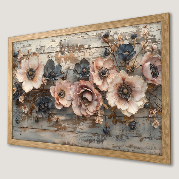 Framed Poster featuring elegant floral art in soft pinks, blues, and neutrals. Rustic style with a vintage wood background.