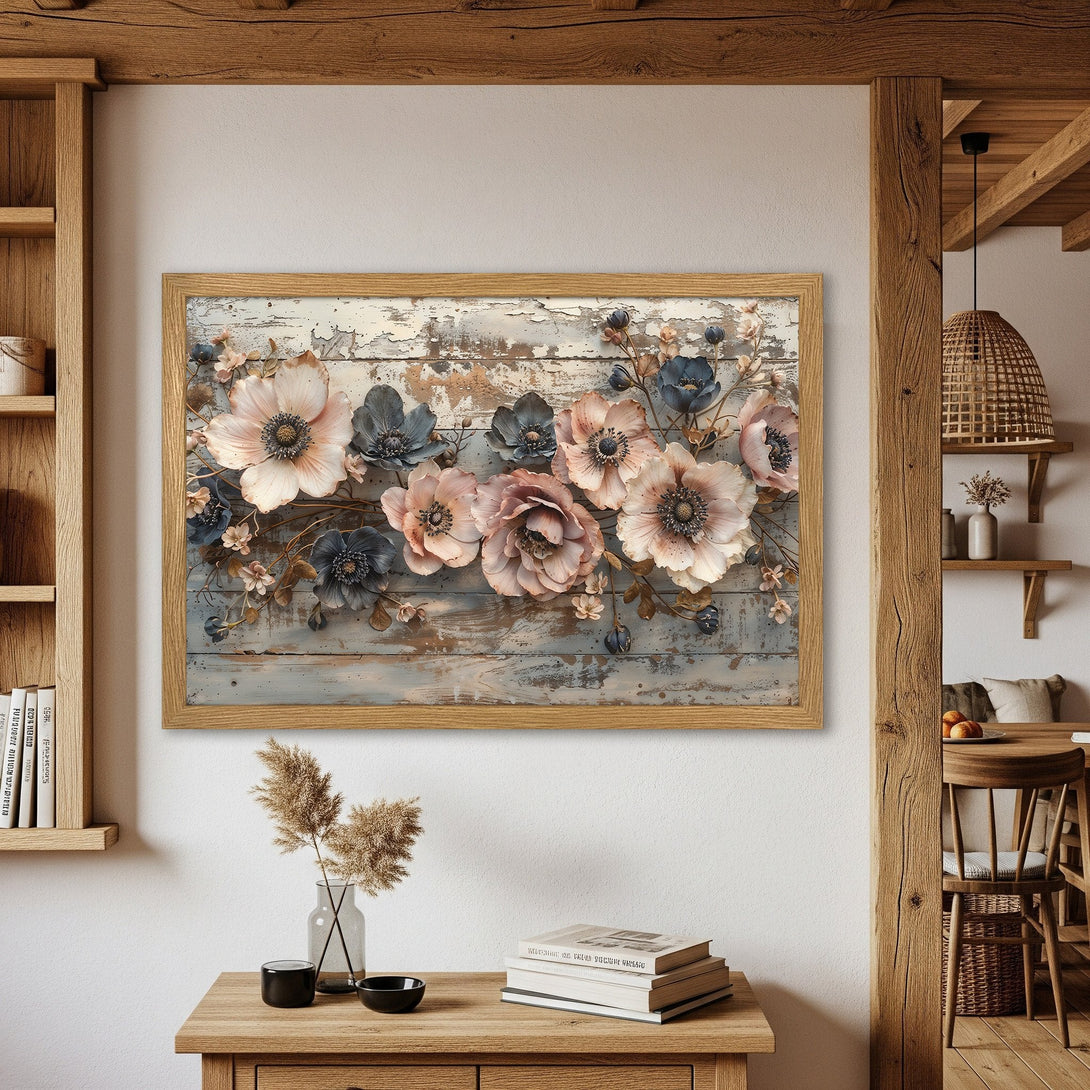Framed Poster featuring floral art with a rustic style and a soft, muted color palette. Perfect for home decor!