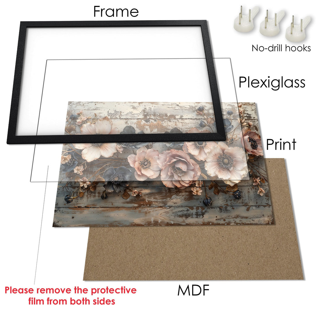 Framed Poster featuring floral art in a rustic style with a soft, neutral color palette. Enhance your space with this beautiful print!