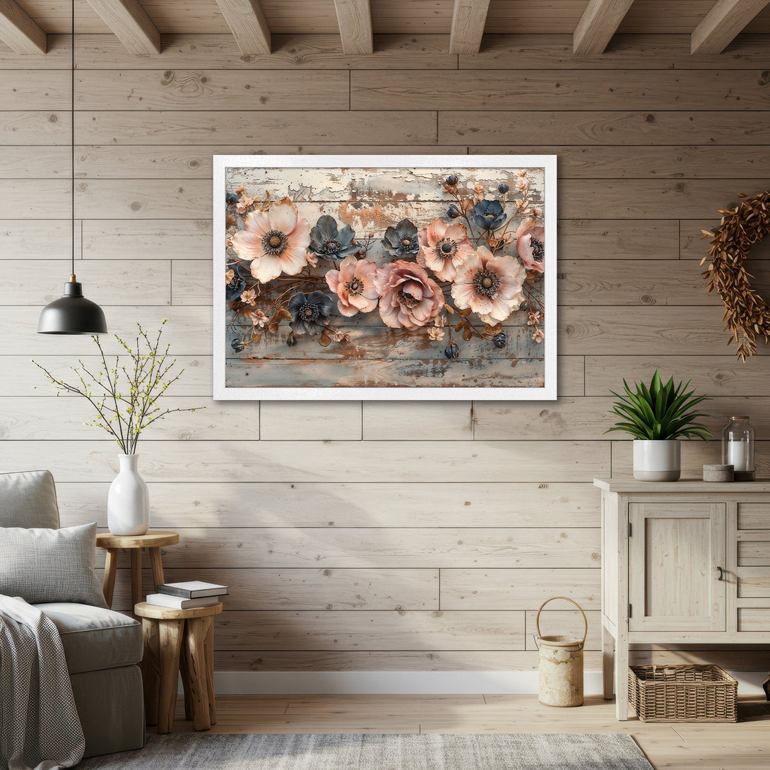 Framed Poster featuring floral art in a rustic style with a soft, neutral color palette. Perfect wall decor for a cozy home.
