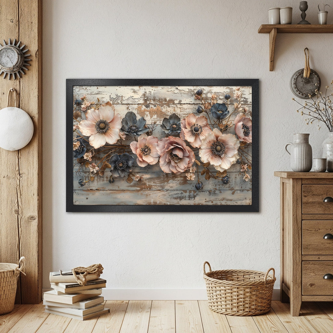 Framed Poster featuring floral art in a rustic style with a soft, neutral color palette. Perfect wall decor!