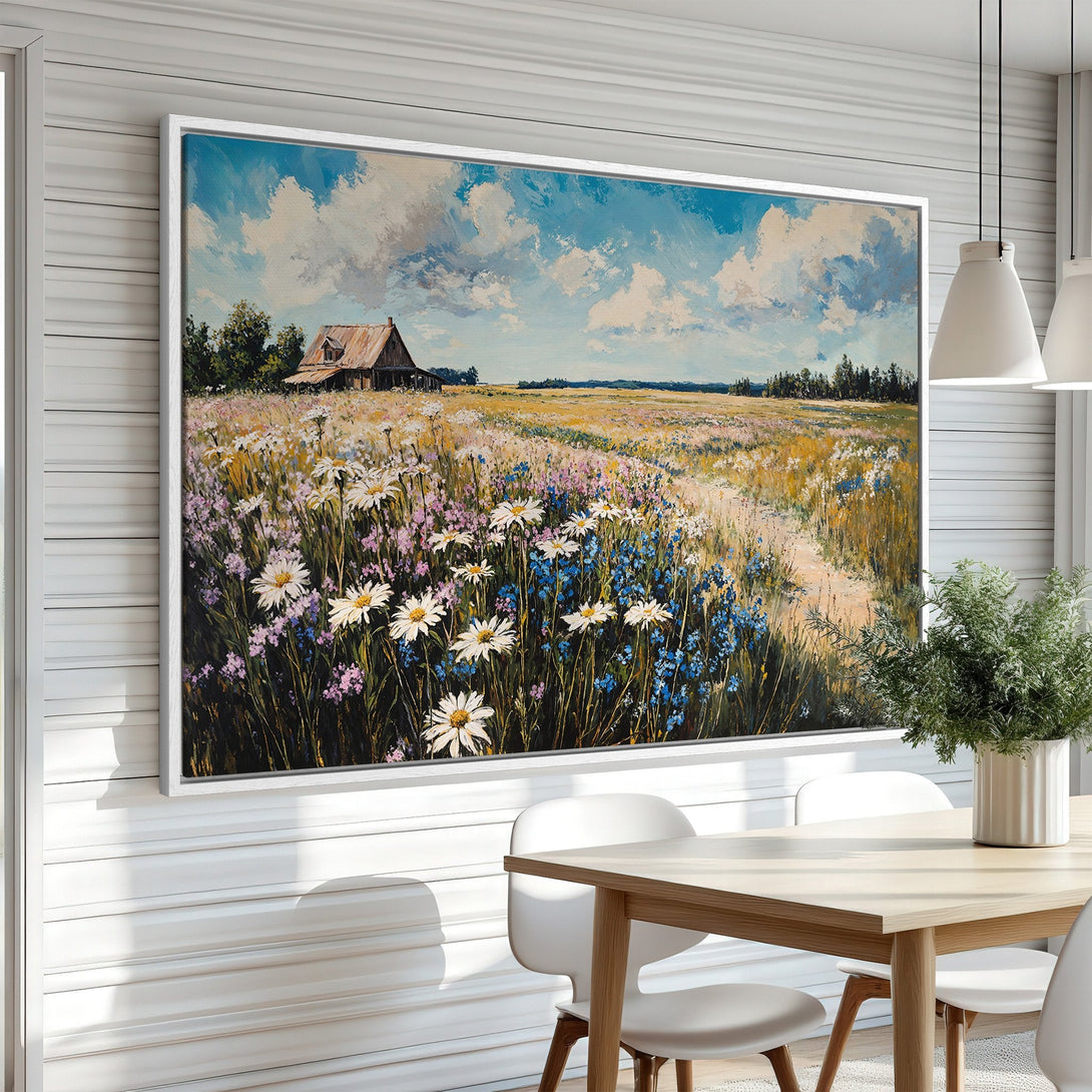Framed Wall Art featuring a vibrant field of wildflowers with a barn. Impressionistic style, blue, yellow, and white color palette. Perfect for home decor.