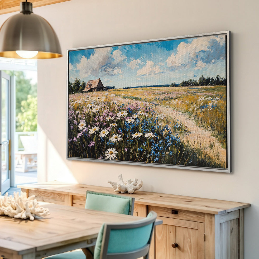 Framed Wall Art: Rustic landscape Canvas Print with wildflowers, blue sky, and a warm color palette. Perfect for adding a touch of nature to your home!