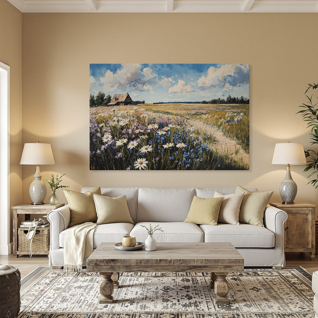 Framed Wall Art: Impressionist landscape Canvas Print with wildflowers, barn, and blue sky. Warm, inviting color palette for home decor.