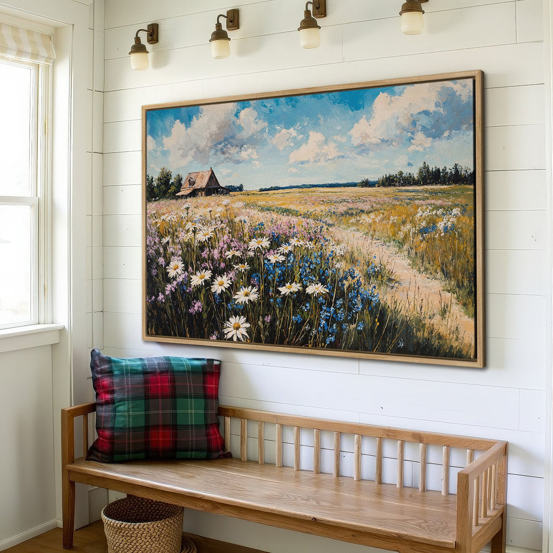 Framed Wall Art: Rustic landscape Canvas Print with wildflowers, barn, and blue sky. Warm, inviting color palette for farmhouse decor.