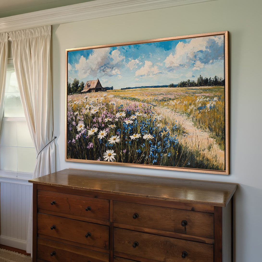 Framed Wall Art: Impressionist landscape Canvas Print with wildflowers, barn, and blue sky. Warm color palette, perfect for home decor.