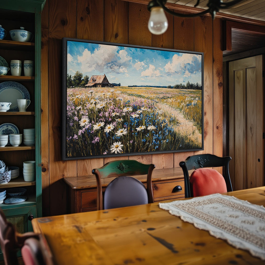 Framed Wall Art: Rustic landscape Canvas Print with wildflowers, barn, and blue sky. Warm, inviting color palette perfect for any home decor.