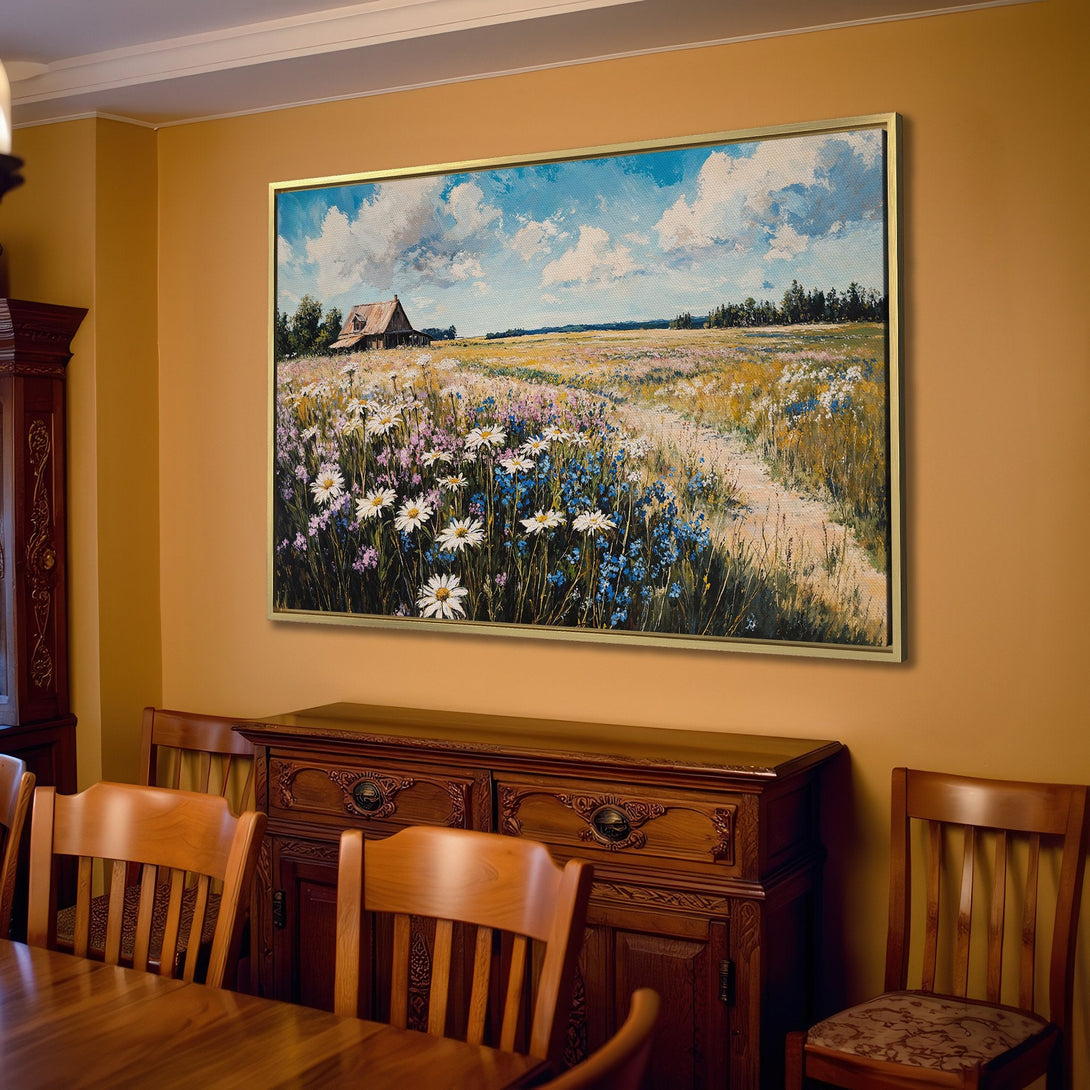 Canvas Print of a serene meadow landscape in impressionist style. Features a barn, blue sky, and wildflowers in a warm, inviting color palette.