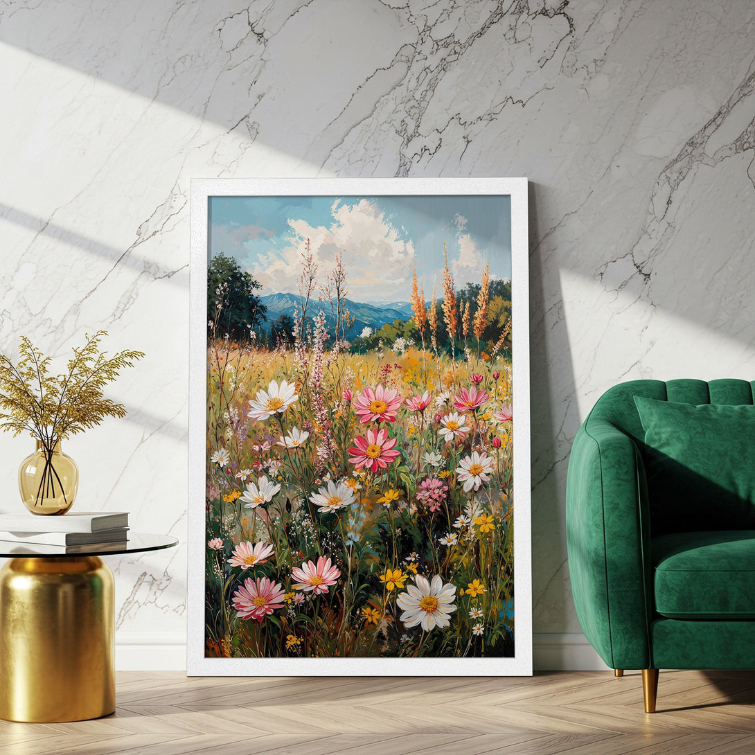 Framed Poster of wildflowers in a field. Impressionistic style with a colorful palette of pinks, yellows, and greens. Perfect wall art!