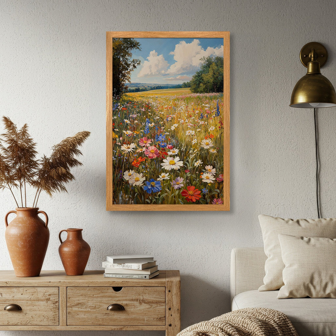 Framed Poster featuring a vibrant wildflower meadow in an impressionistic style with a warm, colorful palette. Perfect wall art!