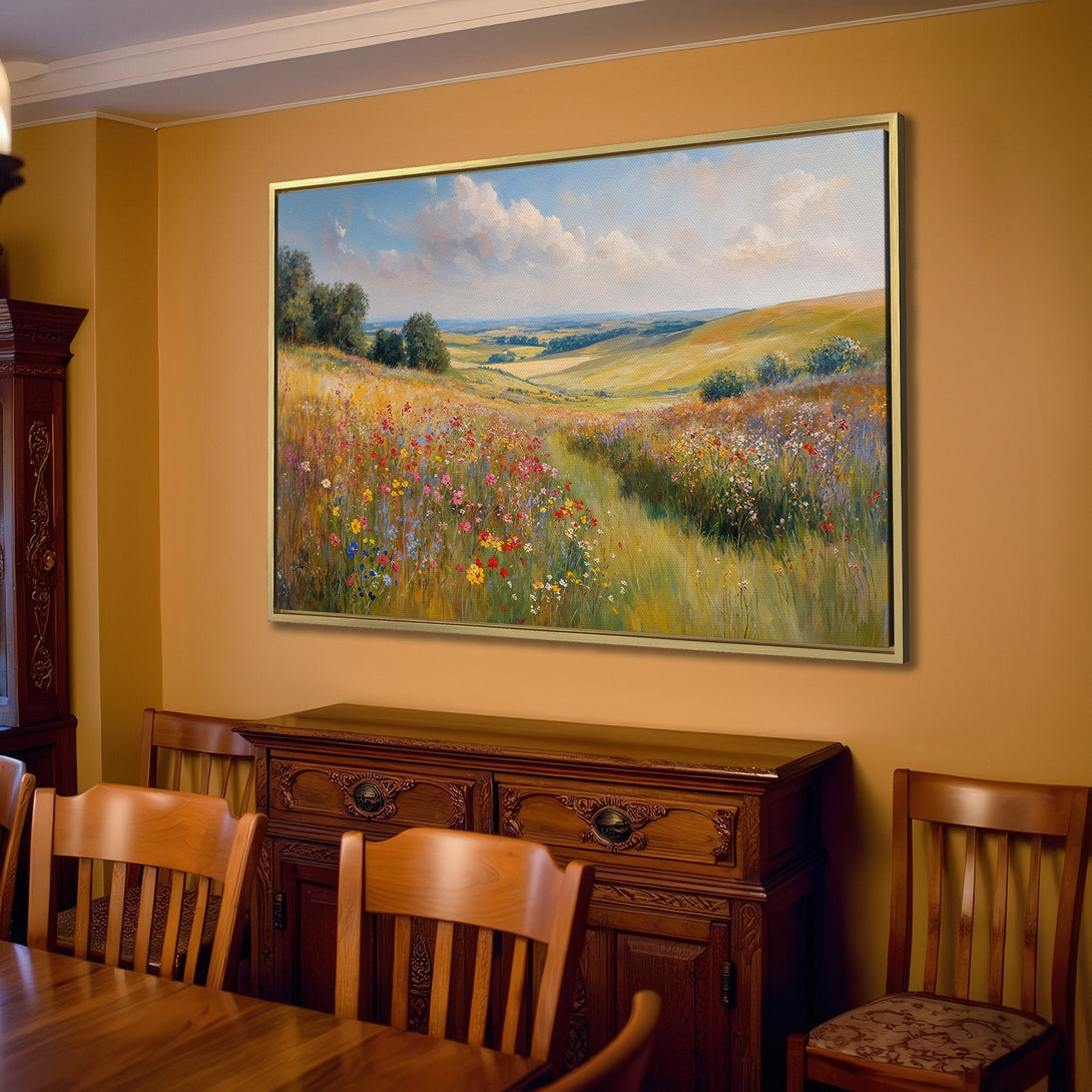 Canvas Print of a vibrant wildflower meadow landscape. Warm, inviting color palette with blues, greens, and yellows. Perfect for adding a touch of nature.