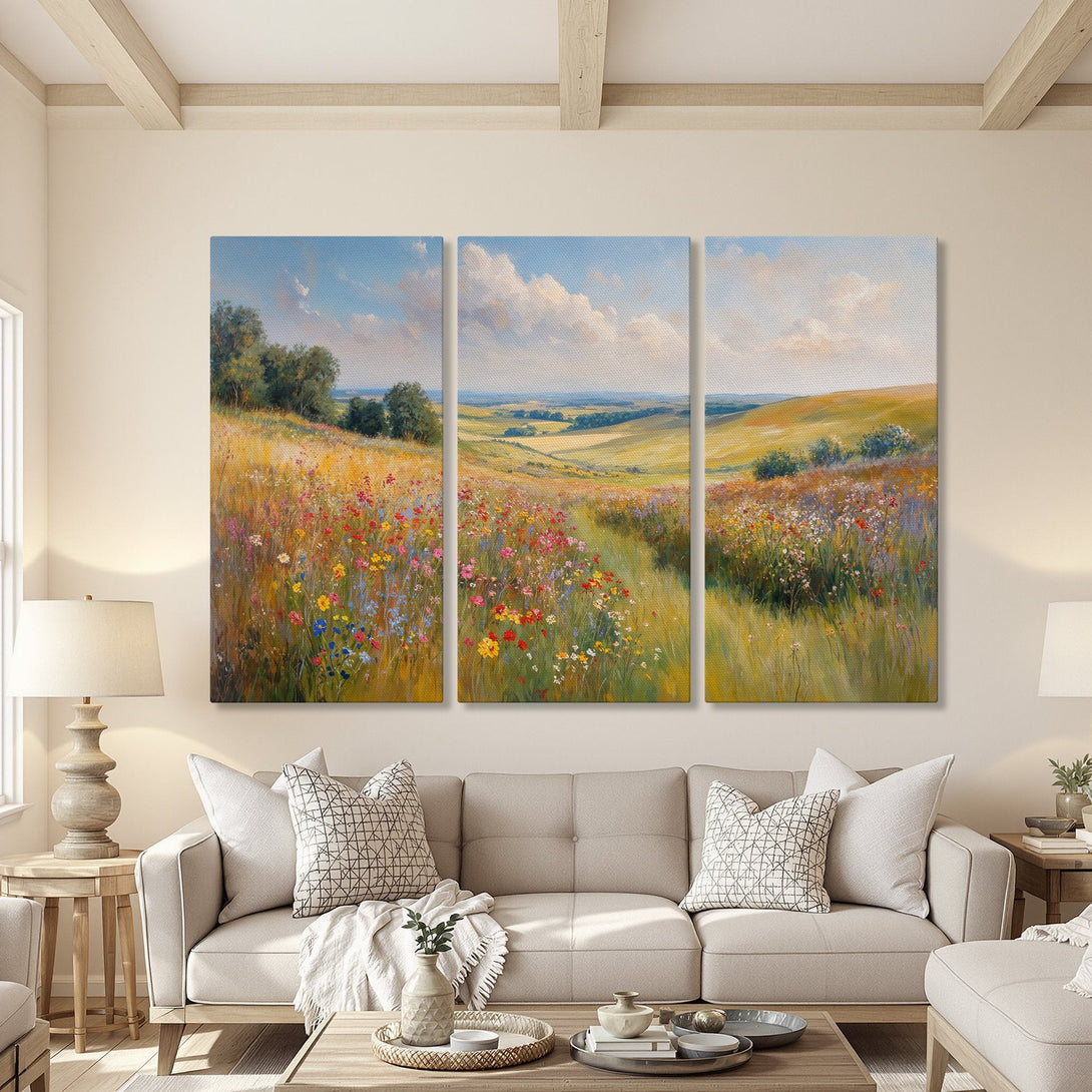 Canvas print triptych of a vibrant meadow landscape painting, featuring colorful wildflowers and a warm, inviting color palette. Perfect wall art!