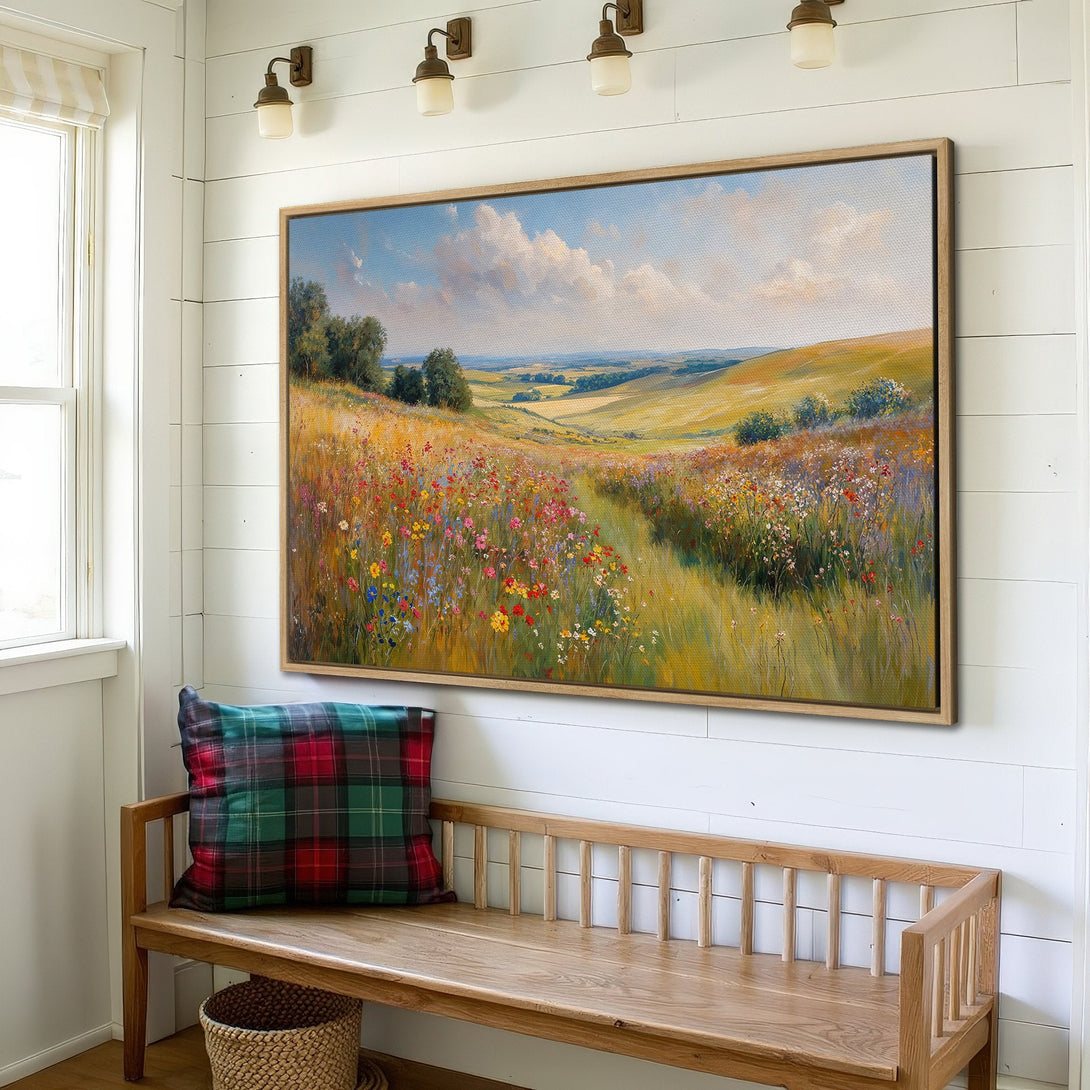 Framed Wall Art: Landscape Canvas Print with vibrant wildflowers, warm yellow & green hues, perfect for farmhouse decor.