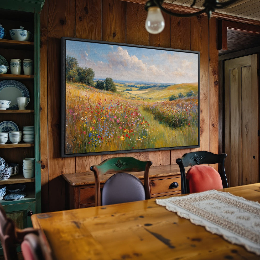 Framed Wall Art: Landscape painting with wildflowers, showcasing a vibrant, colorful palette. Perfect for adding a touch of nature to your home decor.