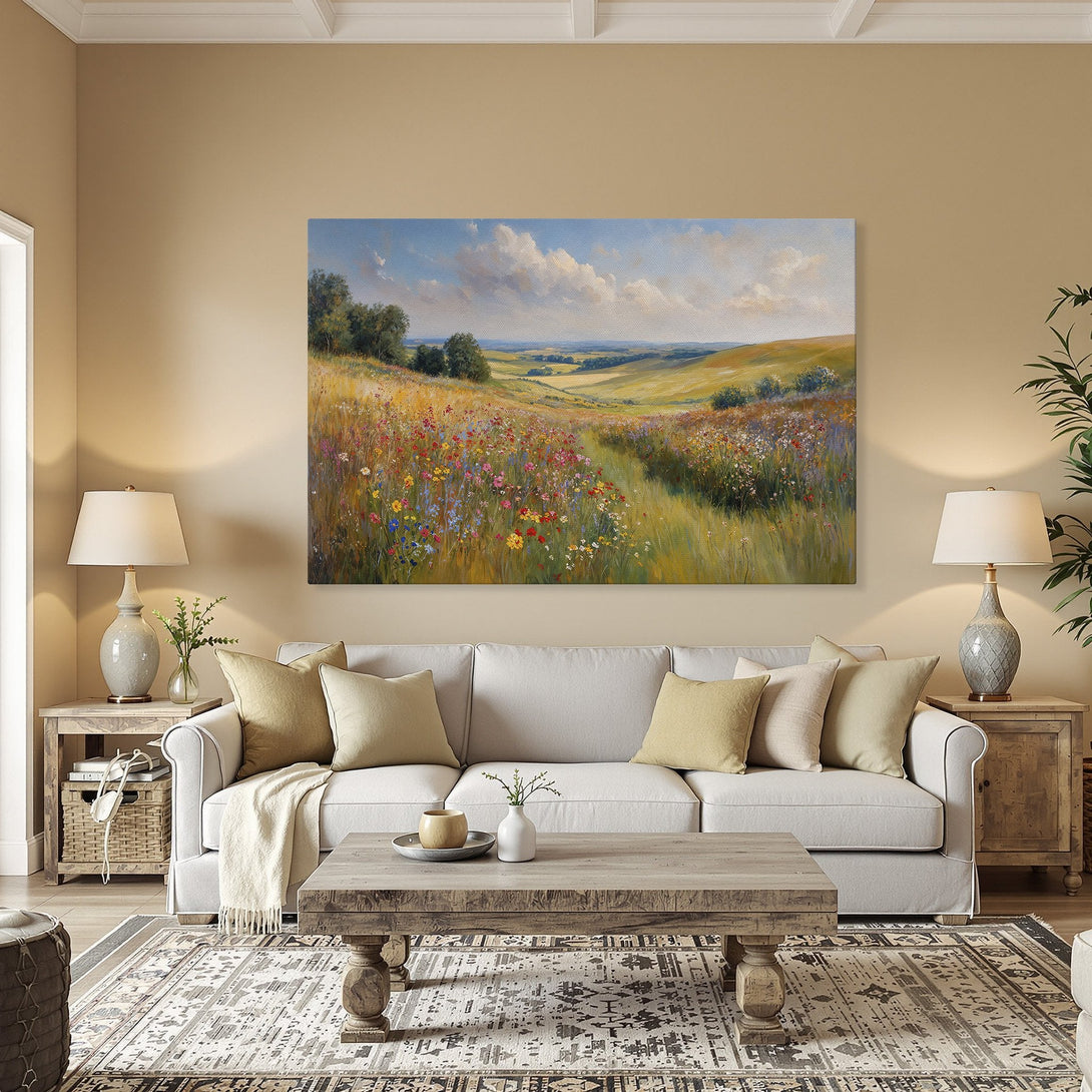 Framed Wall Art: Landscape painting with wildflowers, vibrant colors, and a golden frame. Perfect for adding a touch of nature to your home decor.