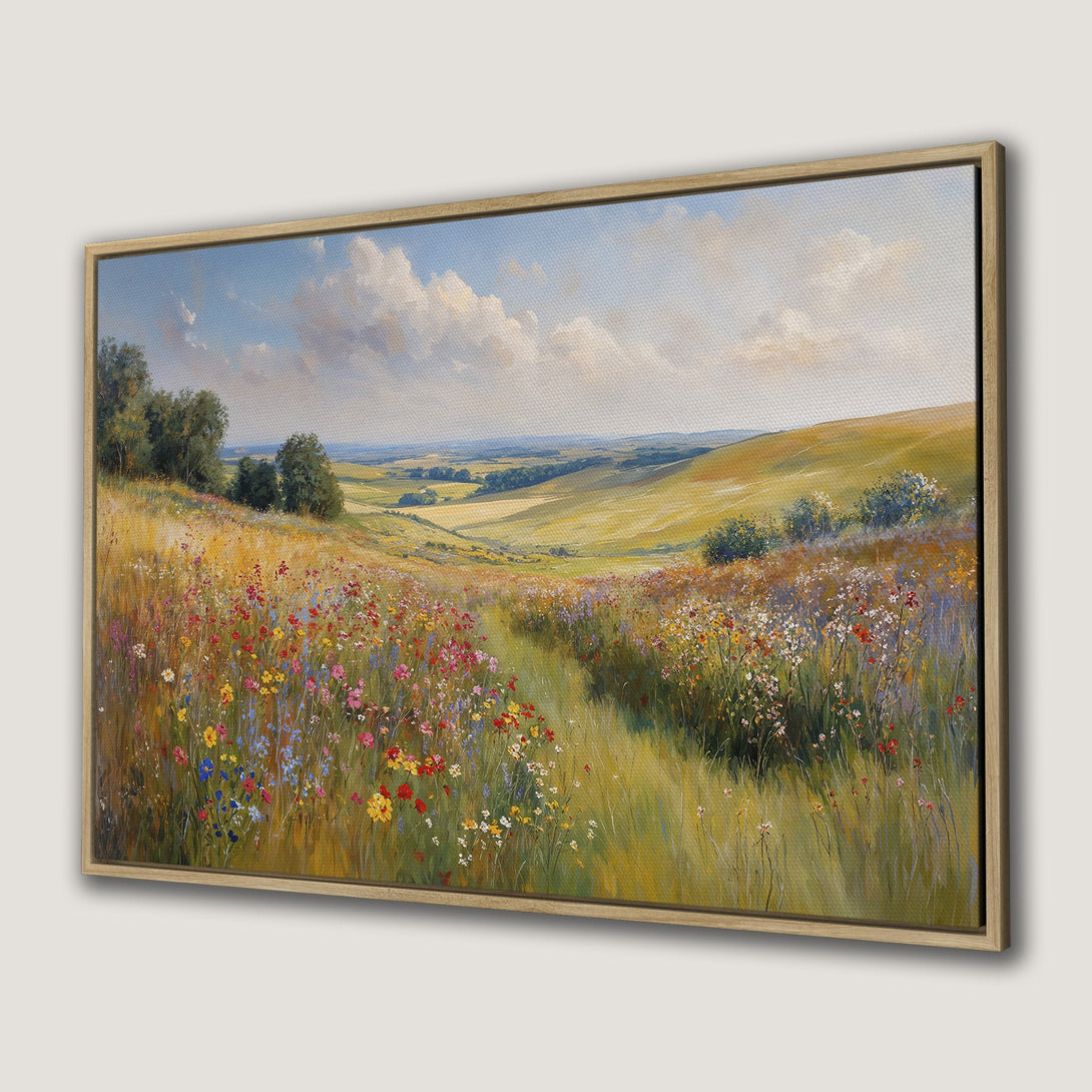 Framed Wall Art: Impressionist landscape Canvas Print with wildflowers, lush green hills, and a vibrant, colorful palette. Perfect for home decor!