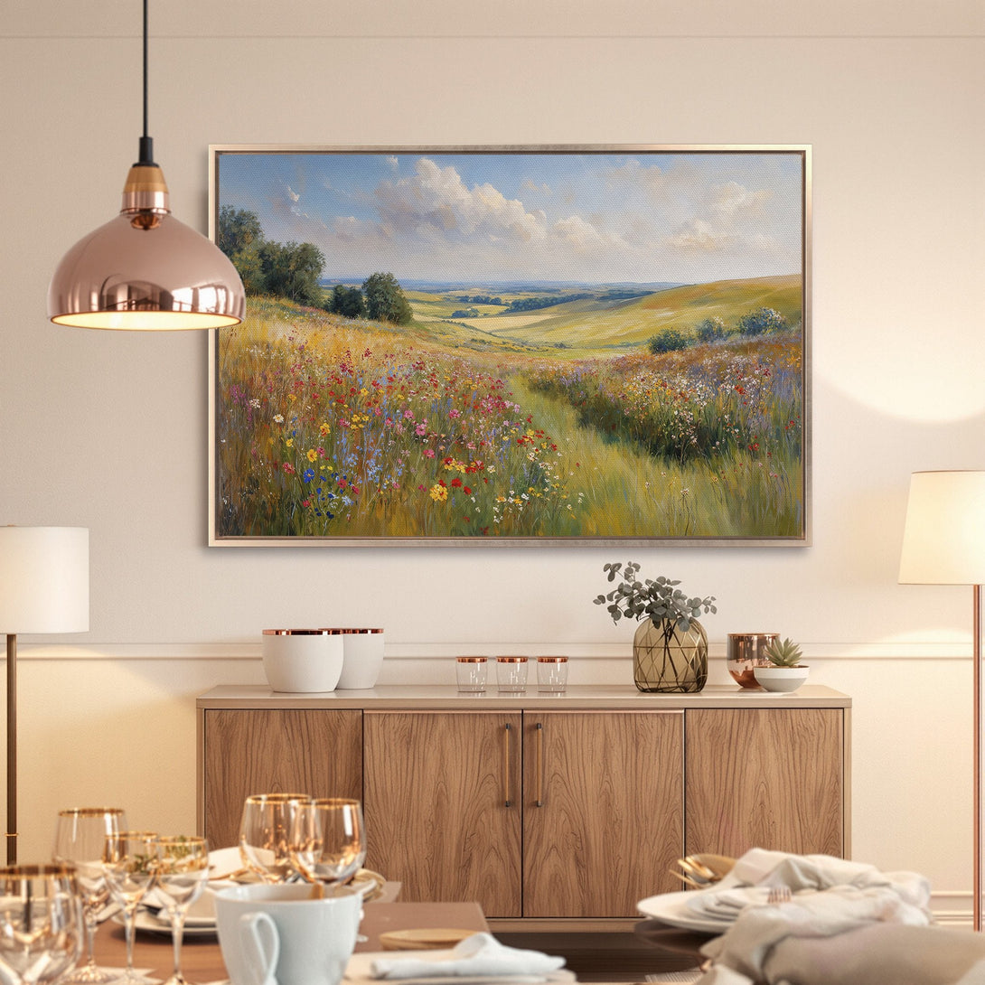 Framed Wall Art of a vibrant meadow landscape. Impressionist style with a warm, inviting color palette of greens, blues, and yellows. Perfect for home décor!