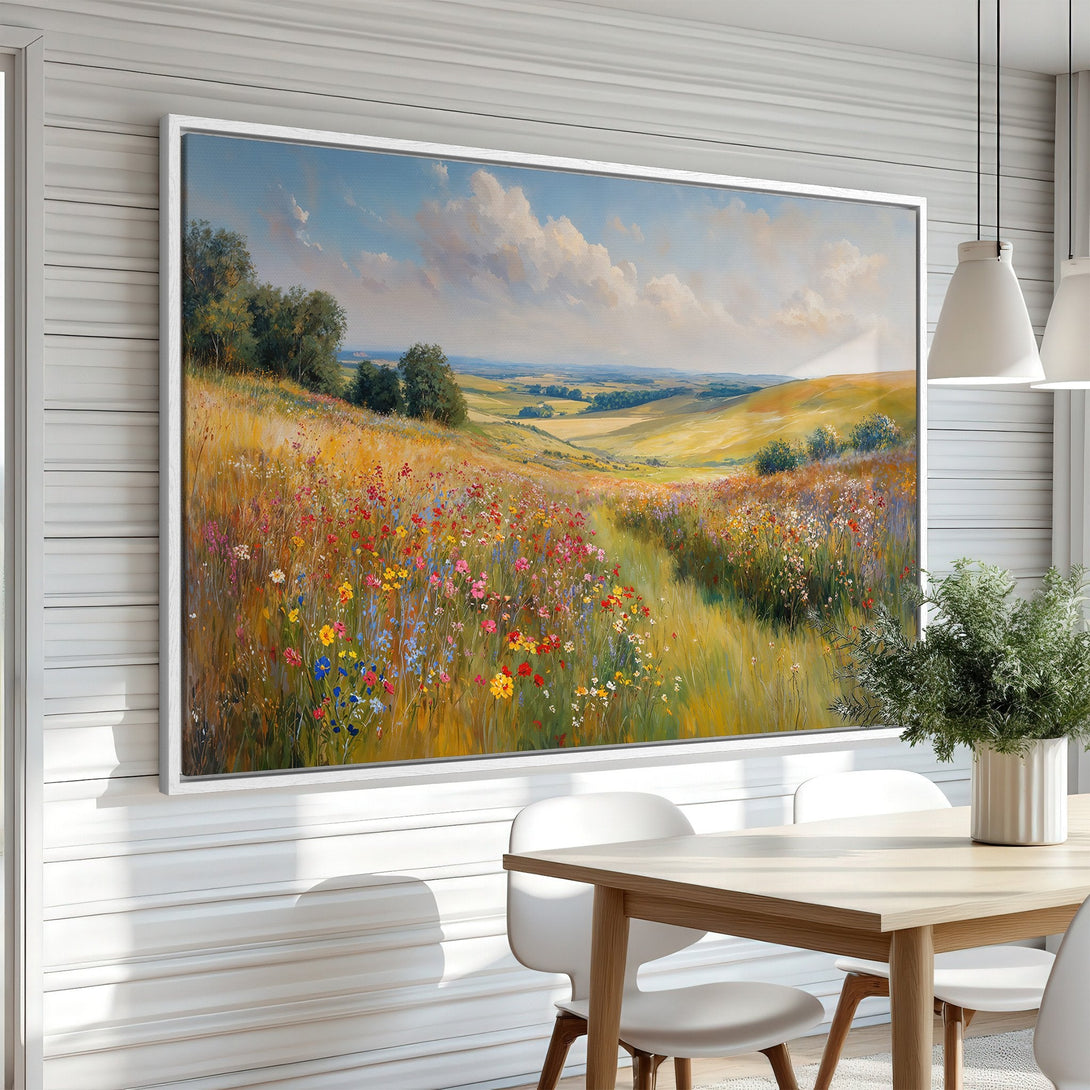 Framed Wall Art: Stunning landscape Canvas Print featuring a vibrant wildflower meadow. Warm, sunny color palette creates a peaceful, inviting atmosphere. Perfect home decor!