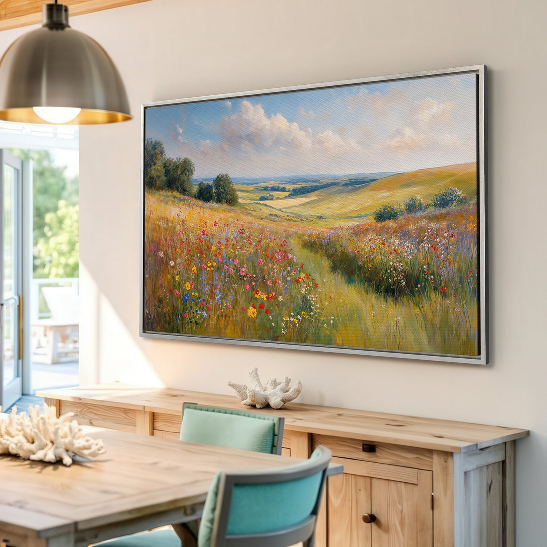 Framed Wall Art of a vibrant wildflower meadow landscape painting, featuring a warm, colorful palette, perfect for adding a touch of nature to your home.