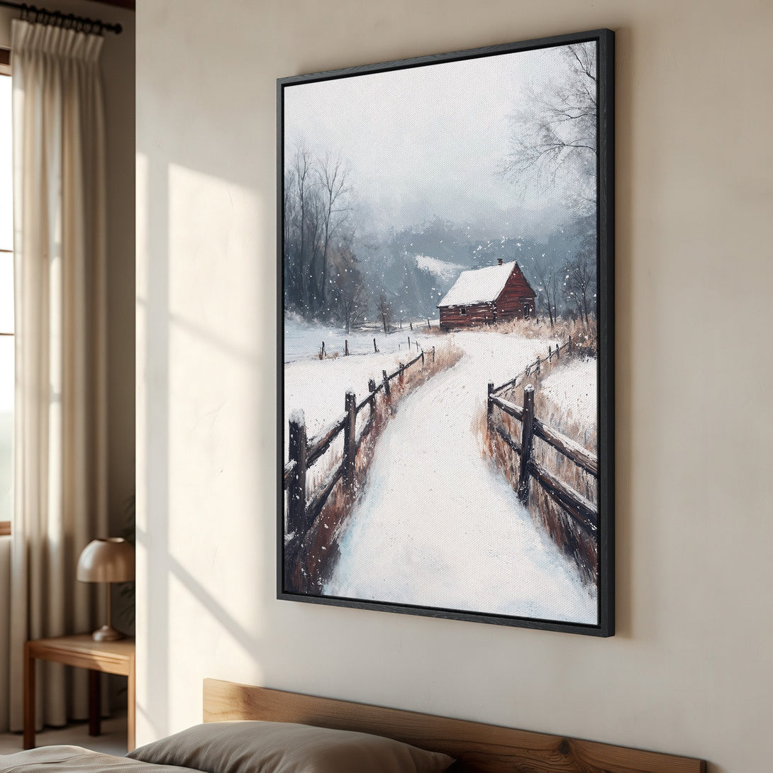 Framed Wall Art: Winter landscape Canvas Print with a snowy cabin scene in muted blues, whites, and rustic reds. Perfect for cozy home decor.
