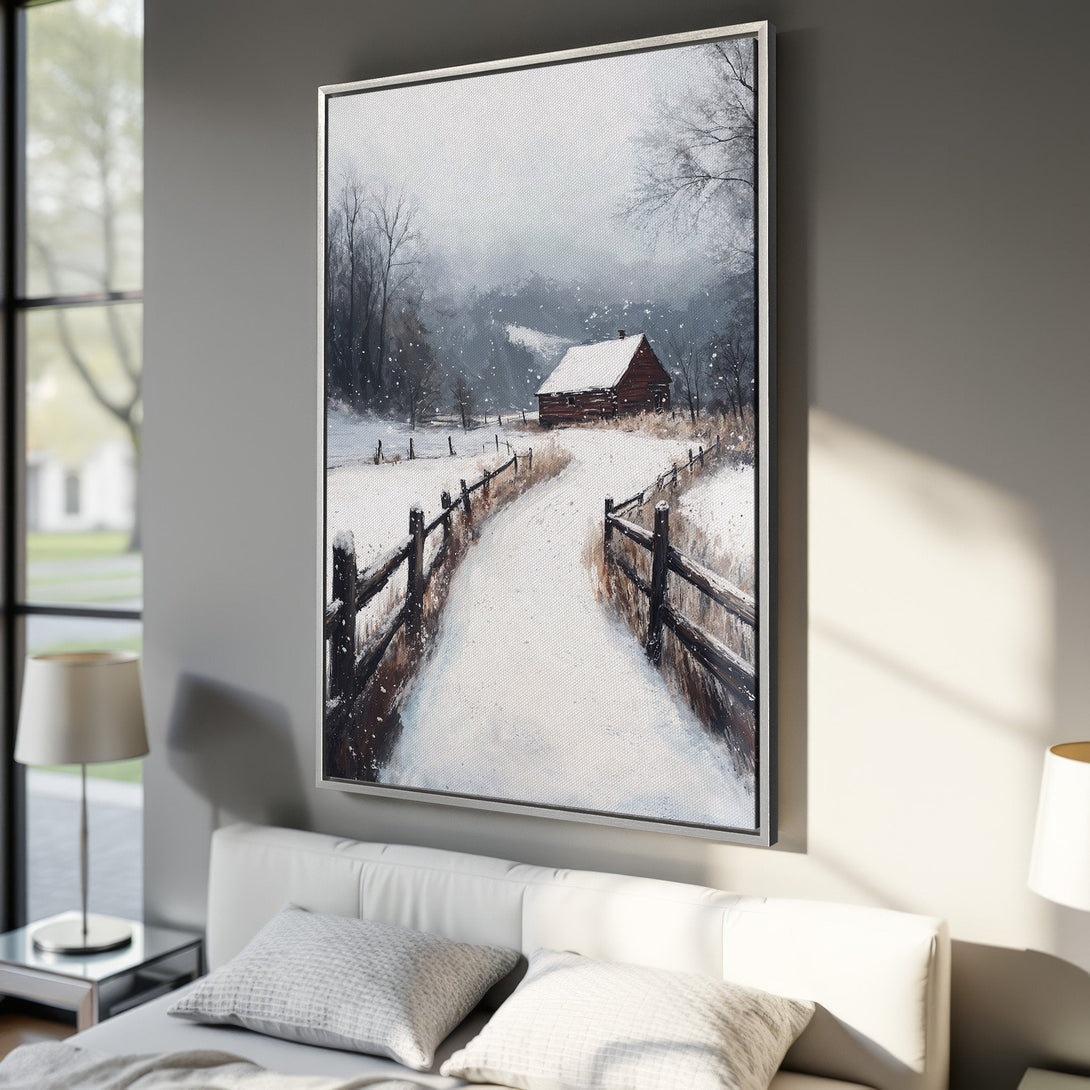 Framed Wall Art: Winter landscape Canvas Print with snowy path leading to a cabin. Serene, impressionistic style in muted gray, white, and brown tones. Perfect for cozy decor.