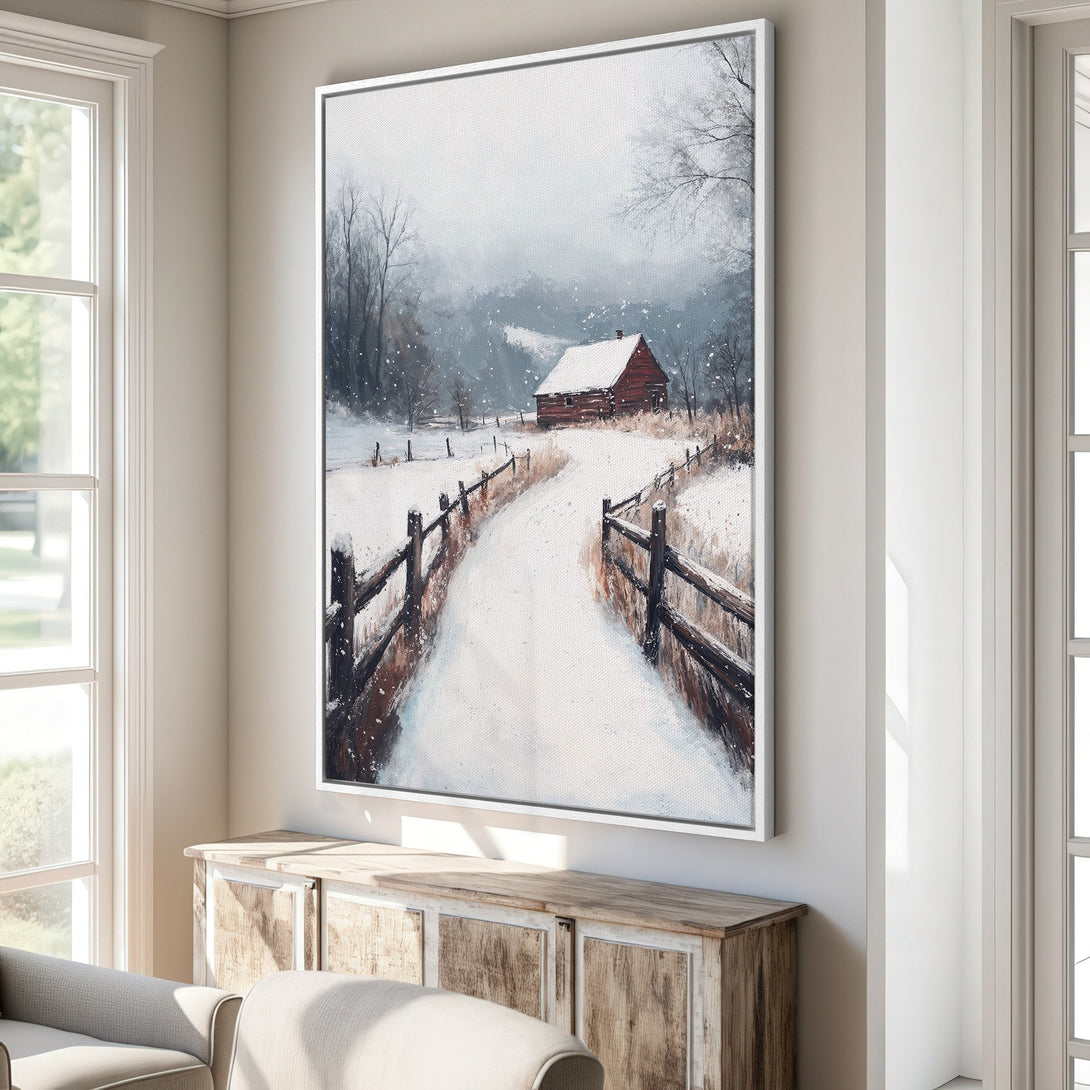 Framed Wall Art: Winter landscape Canvas Print with a snowy path leading to a red barn. Serene, muted color palette with whites, browns, and grays.