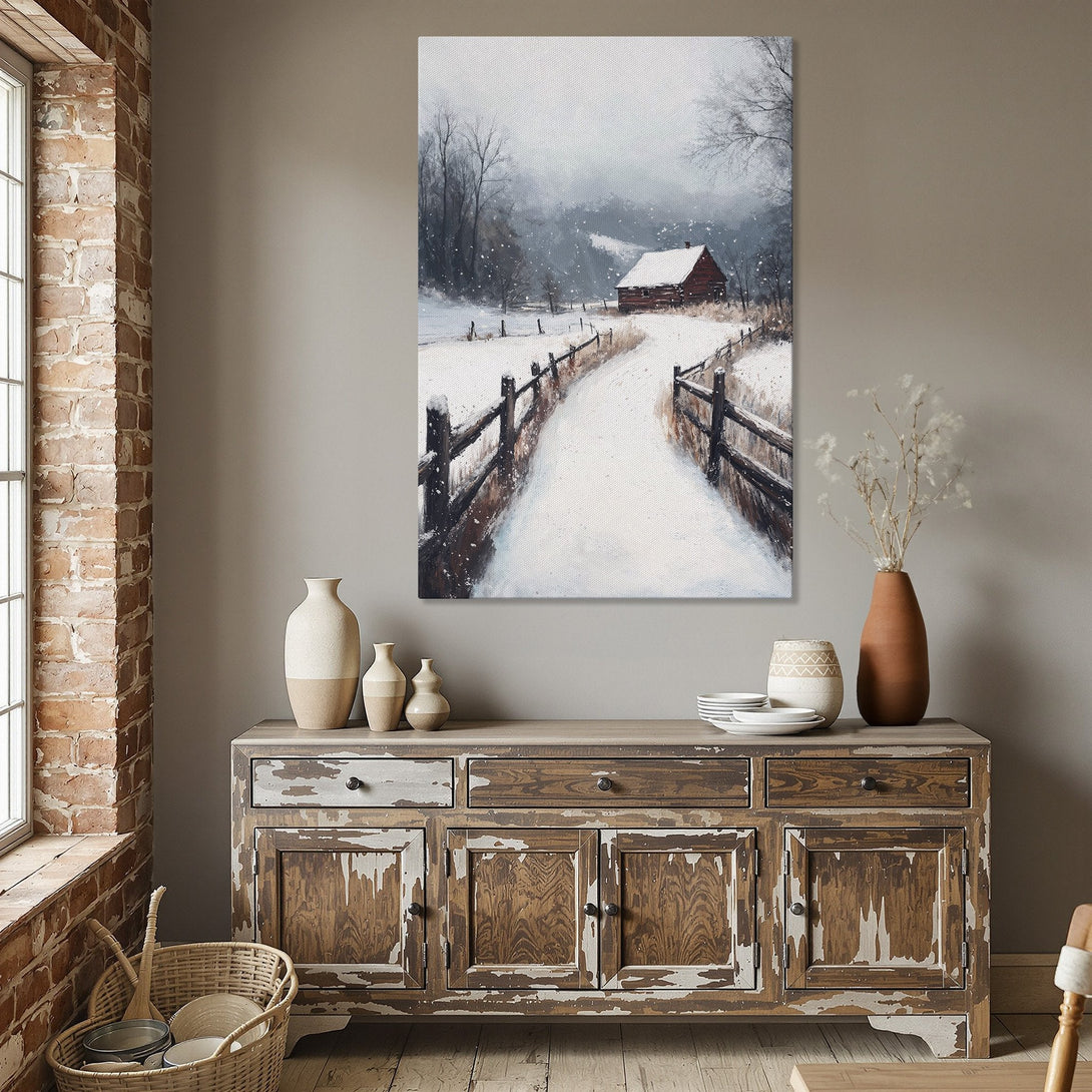 Framed Wall Art: Winter landscape Canvas Print with a snowy path and red barn in a muted, cool-toned color palette. Perfect for cozy interiors.