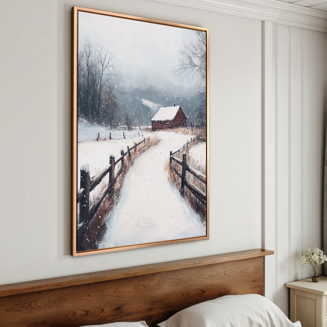 Framed Wall Art featuring a winter landscape with a snowy path and red cabin. Soft, muted color palette. Perfect for cozy home decor.