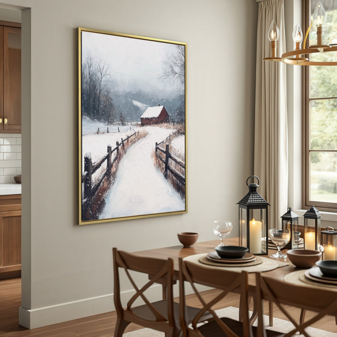 Canvas Print of a winter landscape with a red barn. Rustic style, neutral color palette with pops of red and brown. Perfect for cozy interiors.