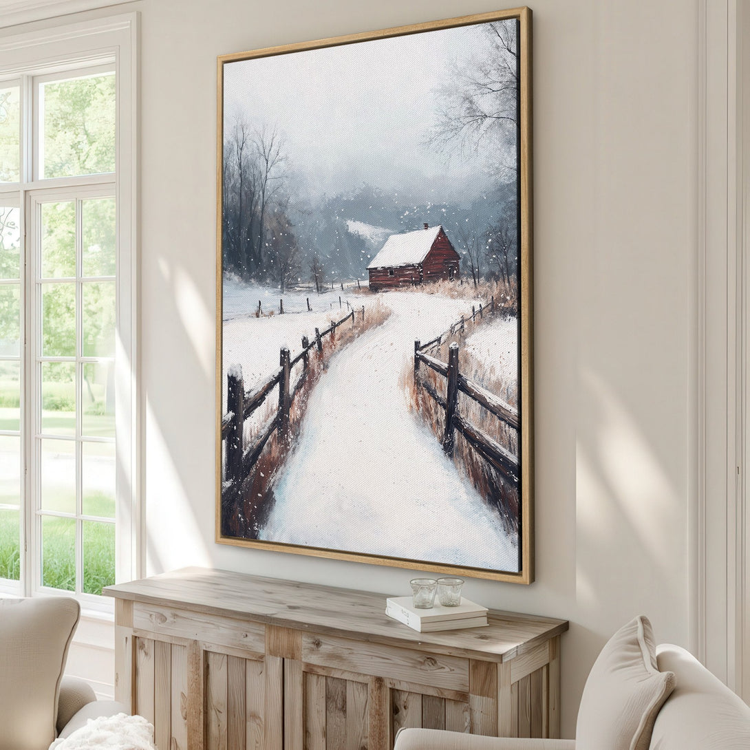 Framed Wall Art: Winter landscape canvas print. Rustic cabin in a snowy scene with a muted, cool color palette. Perfect for cozy home decor!