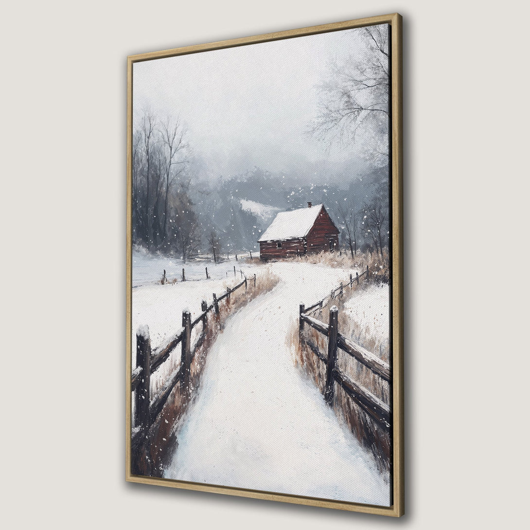 Framed Wall Art of a snowy winter landscape with a cabin. Rustic style with a muted, cool color palette. Perfect for cozy home decor.