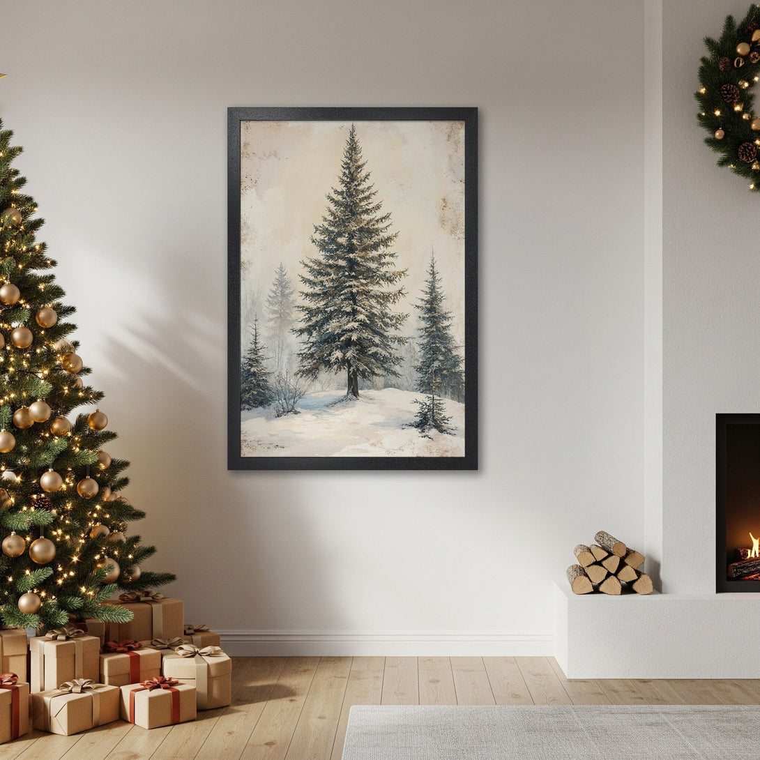 Framed Poster featuring a winter forest scene in a neutral color palette. Perfect for adding cozy, rustic charm to your home decor.