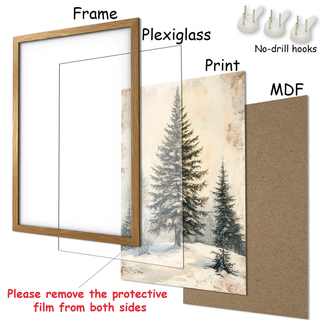 Framed Poster featuring a winter forest scene in a rustic style with a neutral color palette. Perfect for adding a touch of nature to your home.
