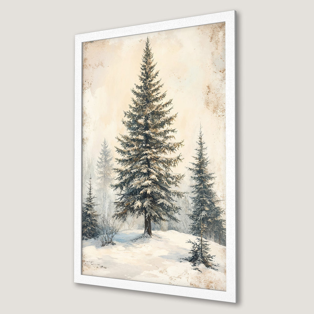 Framed Poster of winter forest scene with snow-covered trees. Vintage style with a neutral, warm color palette. Perfect wall art.